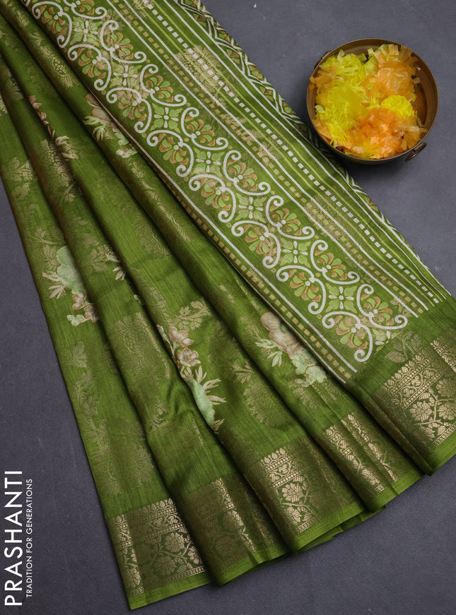 Semi dola saree light green with allover zari weaves & floral prints and zari woven border