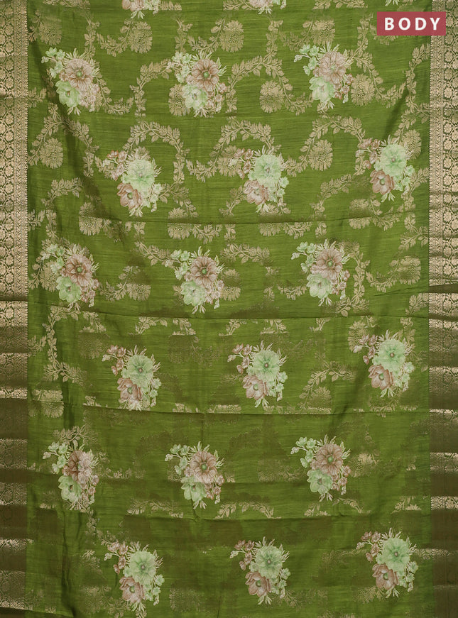 Semi dola saree light green with allover zari weaves & floral prints and zari woven border