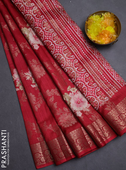 Semi dola saree maroon with allover zari weaves & floral prints and zari woven border
