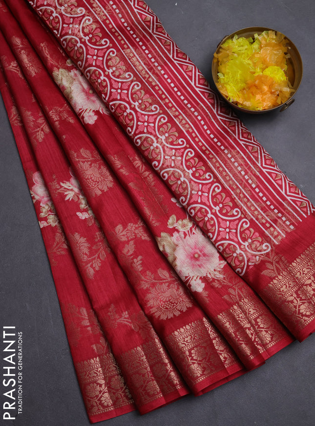 Semi dola saree maroon with allover zari weaves & floral prints and zari woven border