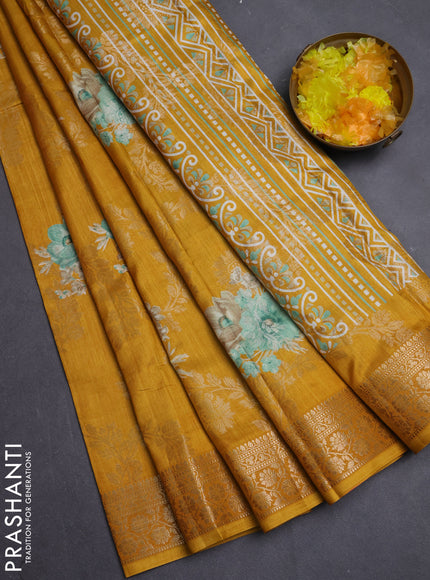 Semi dola saree mustard yellow with allover zari weaves & floral prints and zari woven border