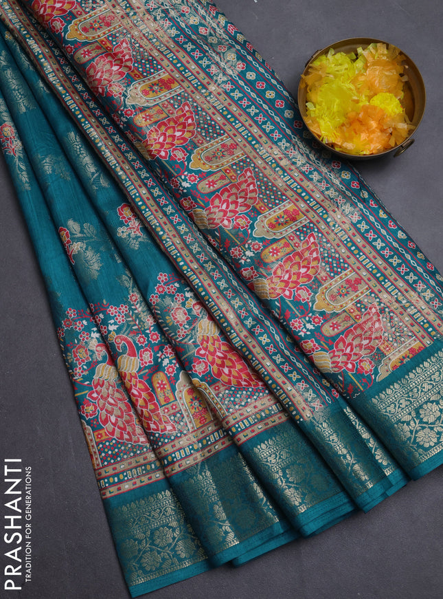 Semi dola saree teal green with allover zari weaves & floral prints and zari woven border