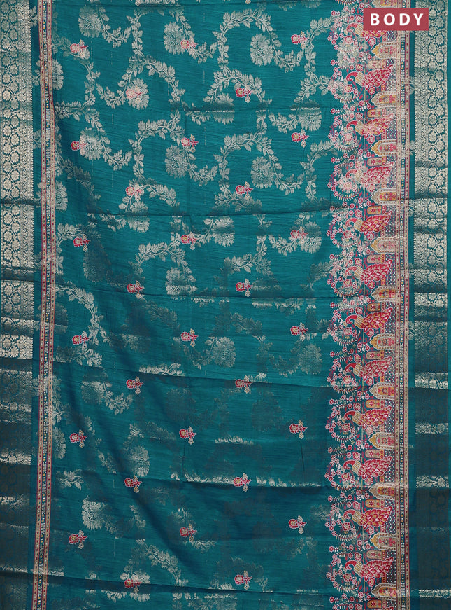 Semi dola saree teal green with allover zari weaves & floral prints and zari woven border