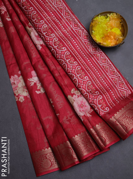 Semi dola saree maroon with allover zari weaves & floral prints and zari woven border