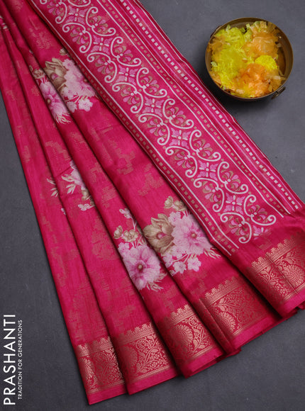 Semi dola saree pink with allover zari weaves & floral prints and zari woven border