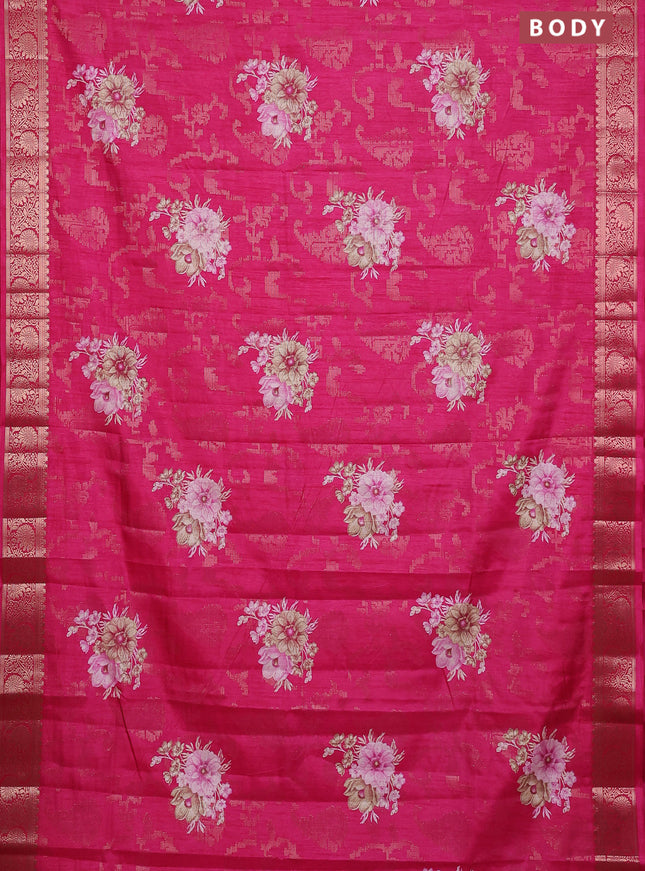 Semi dola saree pink with allover zari weaves & floral prints and zari woven border