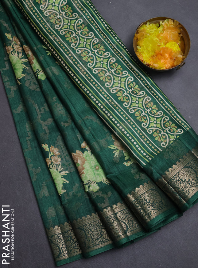 Semi dola saree bottle green with allover zari weaves & floral prints and zari woven border