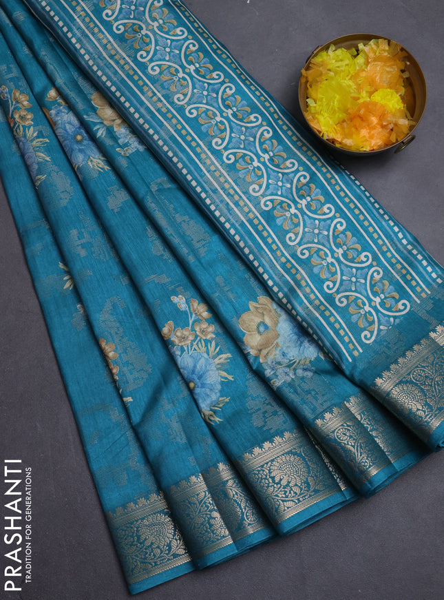 Semi dola saree teal green with allover zari weaves & floral prints and zari woven border