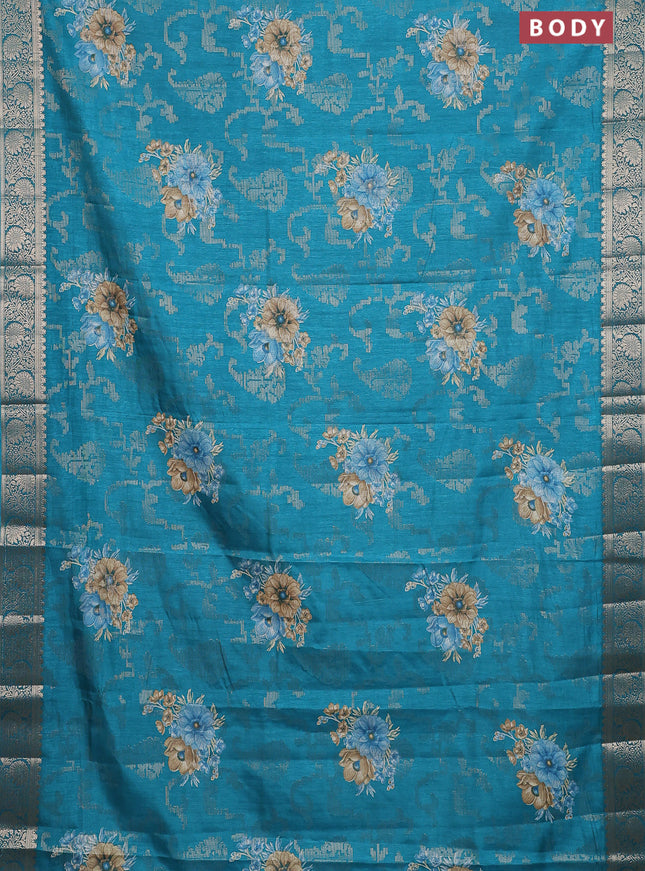 Semi dola saree teal green with allover zari weaves & floral prints and zari woven border
