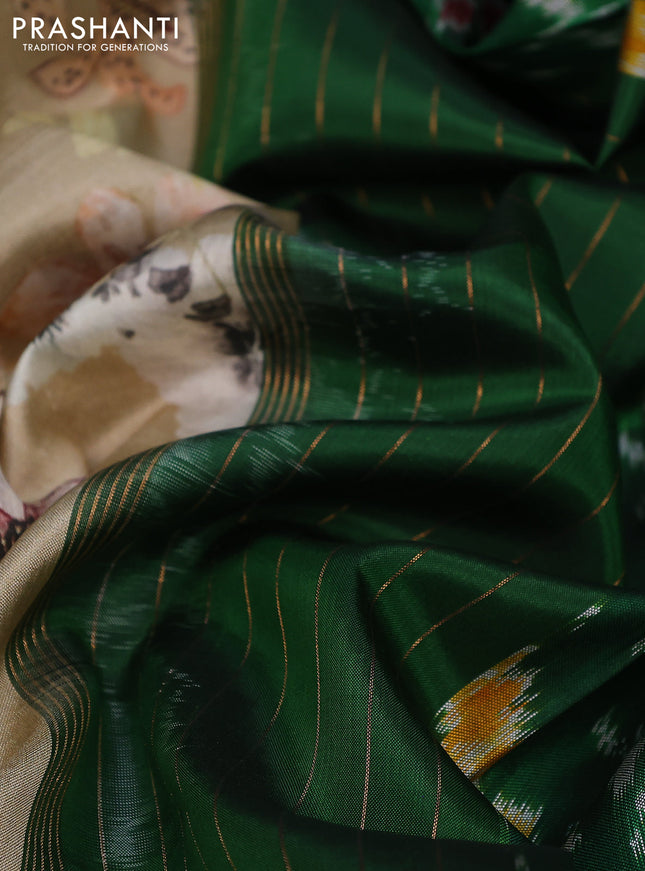 Pure pochampally silk saree beige and green with allover floral digital prints and temple design annam zari woven border