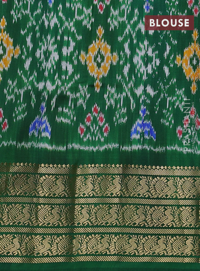 Pure pochampally silk saree beige and green with allover floral digital prints and temple design annam zari woven border
