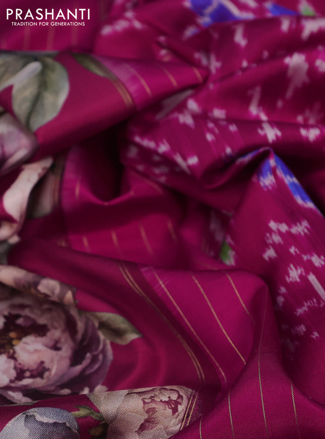 Pure pochampally silk saree pink with allover floral digital prints and temple design annam zari woven border