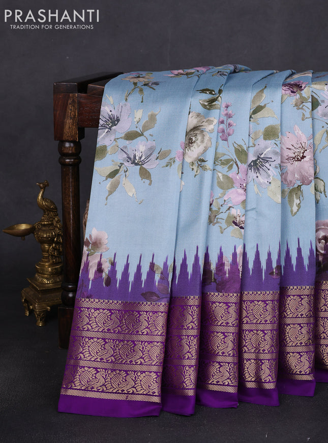 Pure pochampally silk saree light blue and violet with allover floral digital prints and temple design annam zari woven border