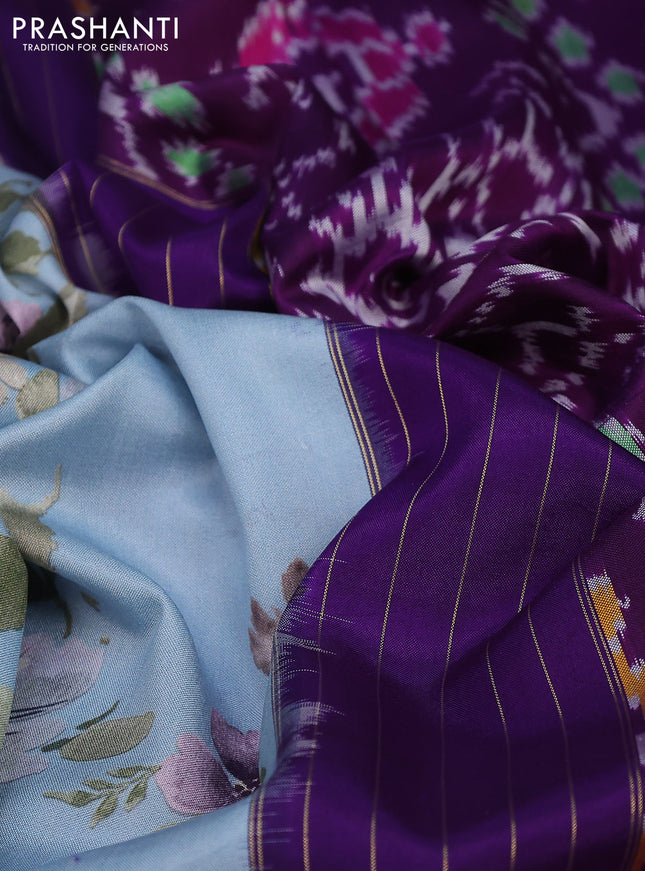 Pure pochampally silk saree light blue and violet with allover floral digital prints and temple design annam zari woven border