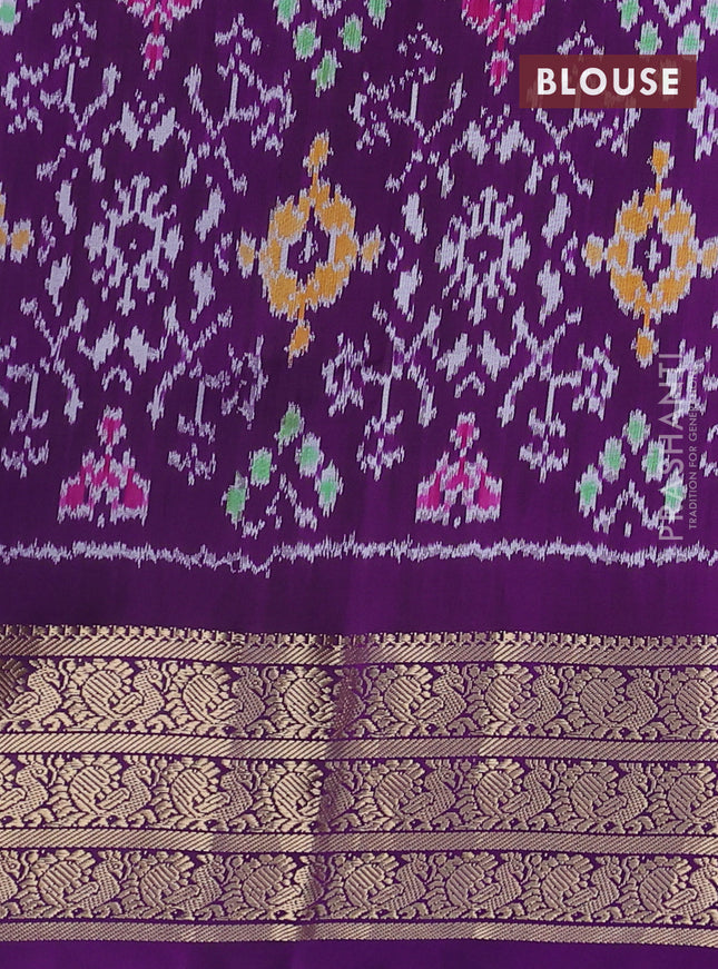 Pure pochampally silk saree light blue and violet with allover floral digital prints and temple design annam zari woven border