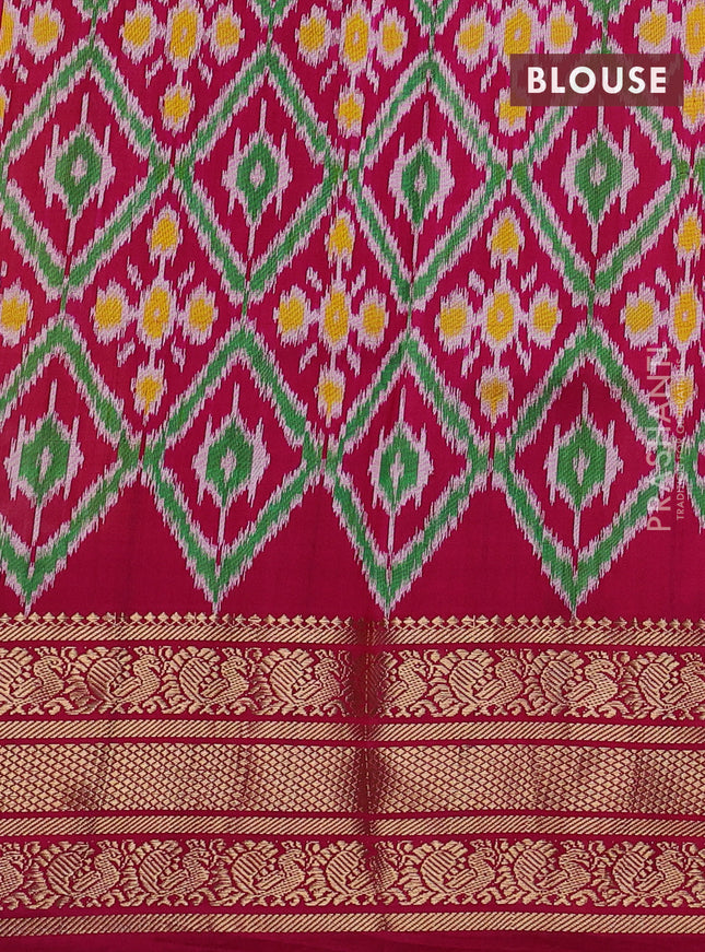 Pure pochampally silk saree yellow and pink with floral prints and temple design annam zari woven border