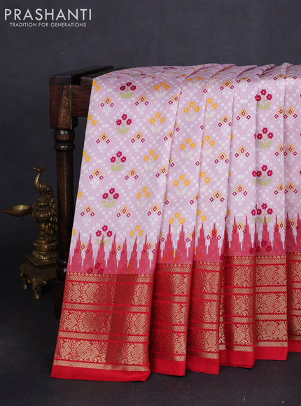 Pure pochampally silk saree light pink and red with floral prints and temple design annam zari woven border