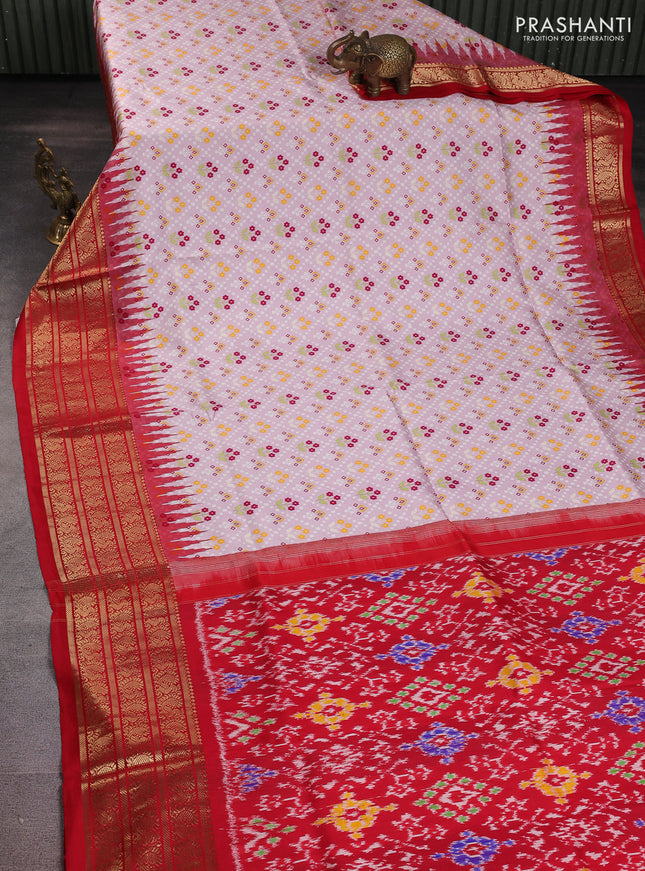 Pure pochampally silk saree light pink and red with floral prints and temple design annam zari woven border