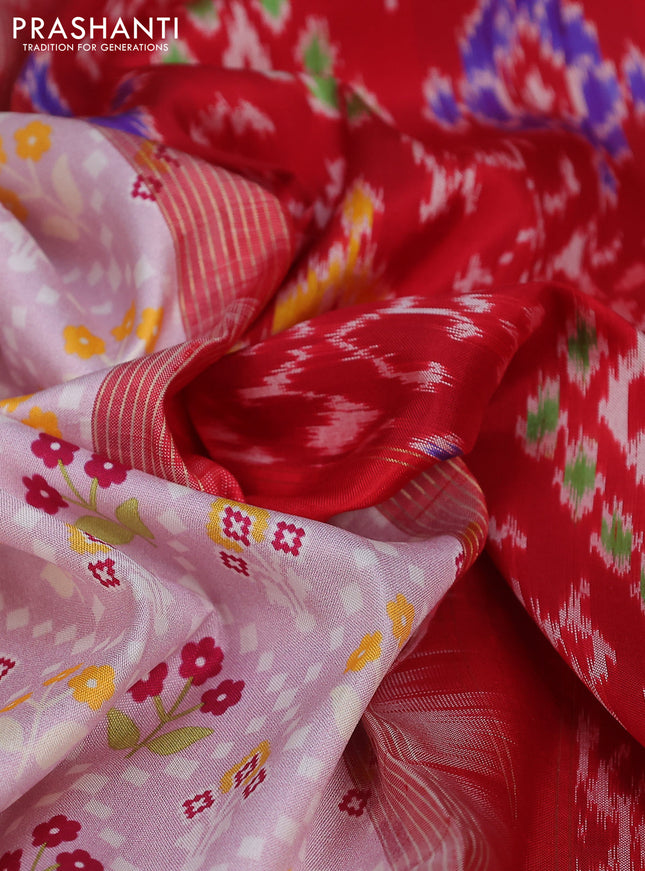 Pure pochampally silk saree light pink and red with floral prints and temple design annam zari woven border