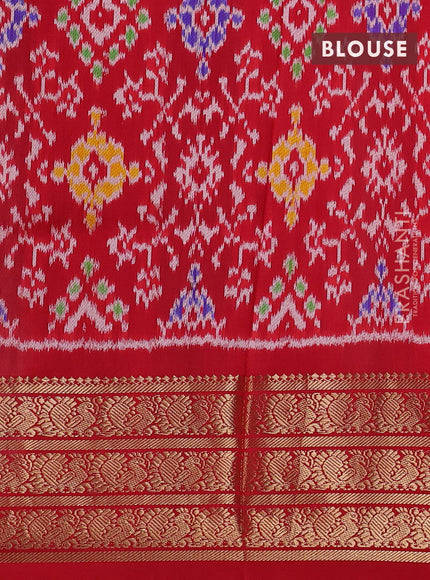 Pure pochampally silk saree light pink and red with floral prints and temple design annam zari woven border
