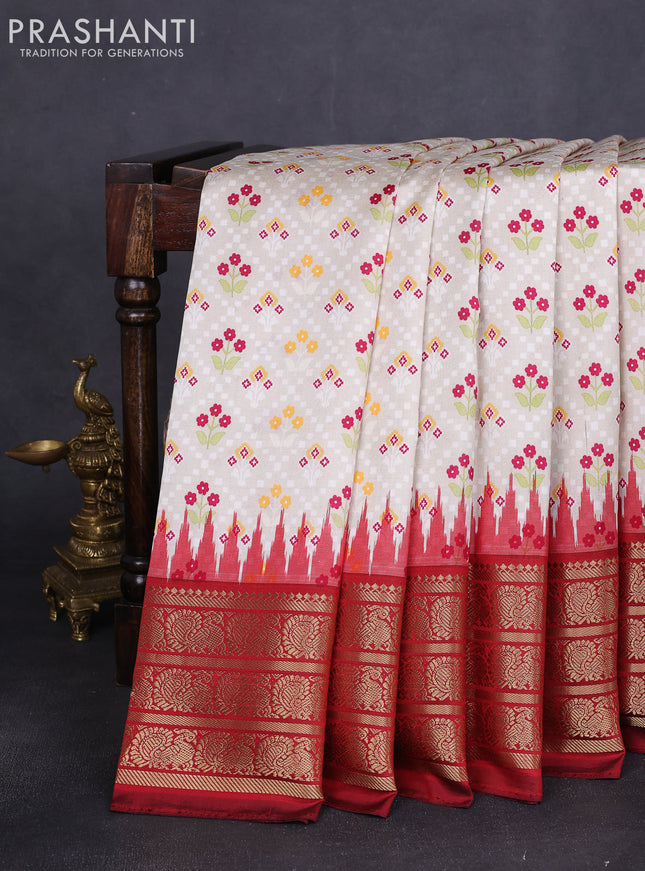 Pure pochampally silk saree beige and maroon with floral prints and temple design annam zari woven border