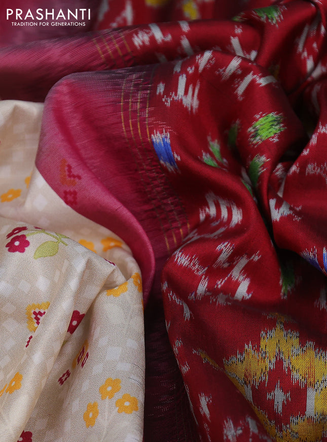 Pure pochampally silk saree beige and maroon with floral prints and temple design annam zari woven border
