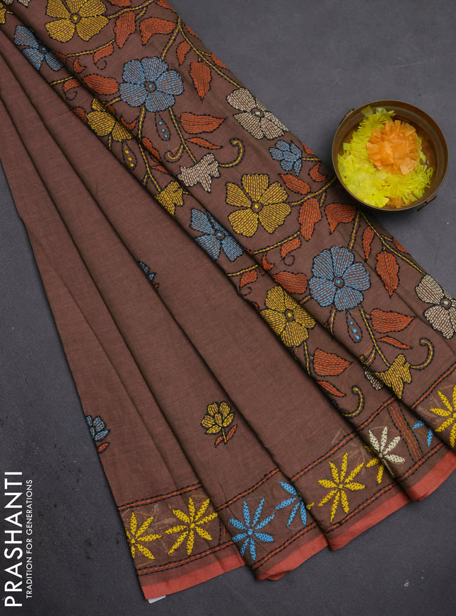 Cotton saree dual shade of greenish orange with kantha stitch work and kantha stitch work pallu