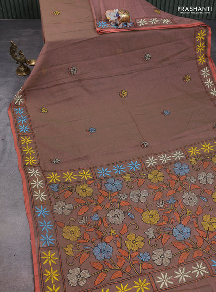 Cotton saree dual shade of greenish orange with kantha stitch work and kantha stitch work pallu