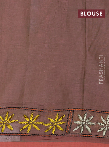 Cotton saree dual shade of greenish orange with kantha stitch work and kantha stitch work pallu