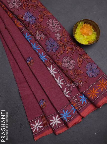 Cotton saree mauve pink with kantha stitch work and kantha stitch work pallu