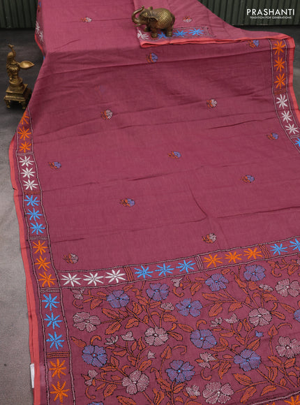 Cotton saree mauve pink with kantha stitch work and kantha stitch work pallu