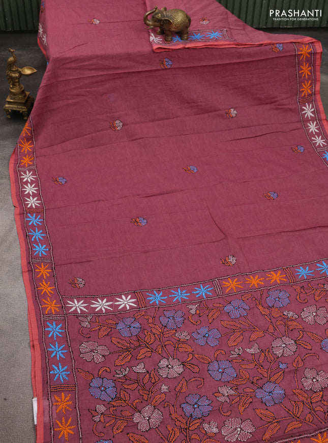 Cotton saree mauve pink with kantha stitch work and kantha stitch work pallu