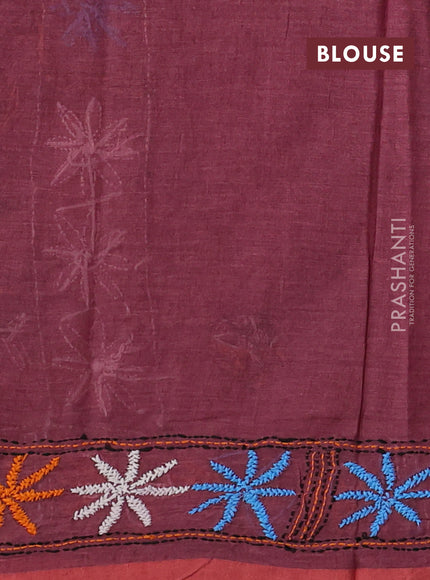 Cotton saree mauve pink with kantha stitch work and kantha stitch work pallu