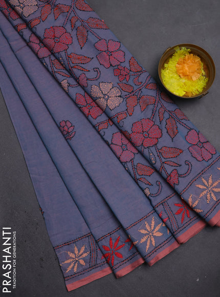 Cotton saree dual shade of blue with kantha stitch work and kantha stitch work pallu