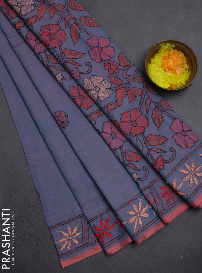Cotton saree dual shade of blue with kantha stitch work and kantha stitch work pallu