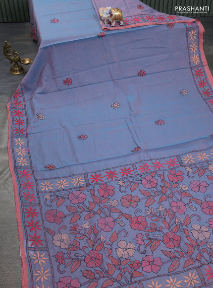 Cotton saree dual shade of blue with kantha stitch work and kantha stitch work pallu