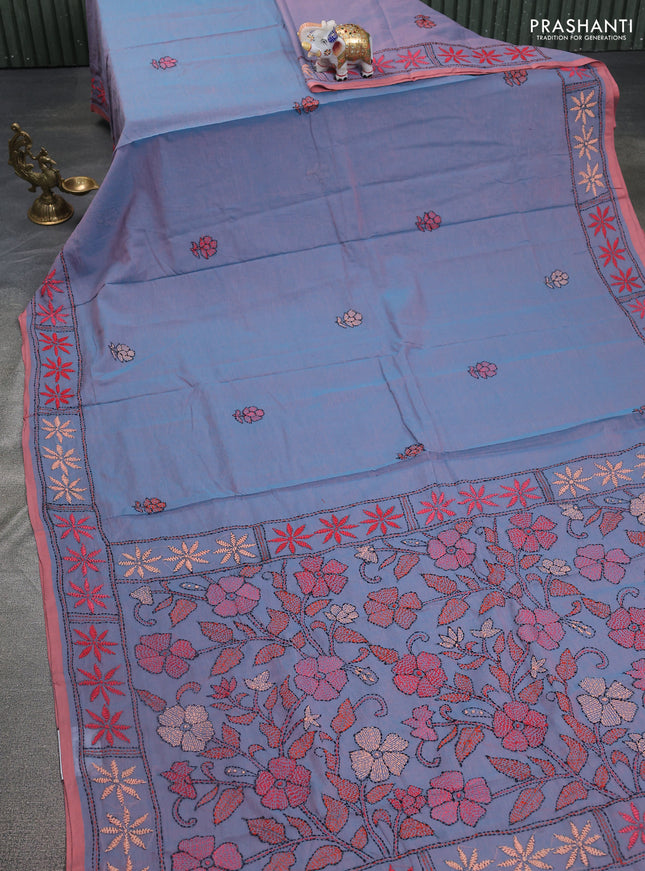 Cotton saree dual shade of blue with kantha stitch work and kantha stitch work pallu