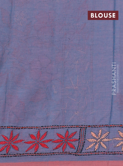 Cotton saree dual shade of blue with kantha stitch work and kantha stitch work pallu
