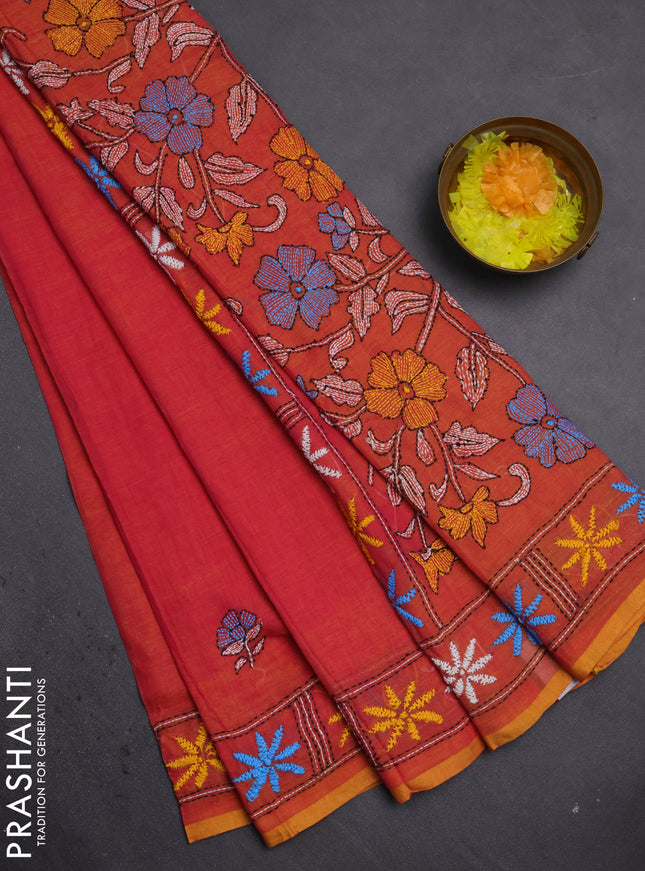 Cotton saree dual shade of pinkish yellow with kantha stitch work and kantha stitch work pallu