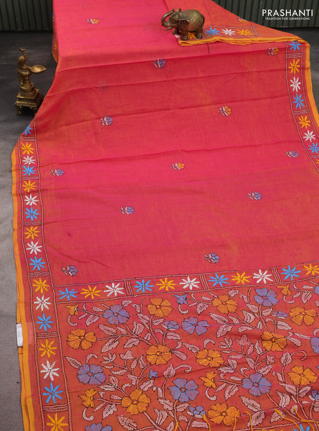 Cotton saree dual shade of pinkish yellow with kantha stitch work and kantha stitch work pallu