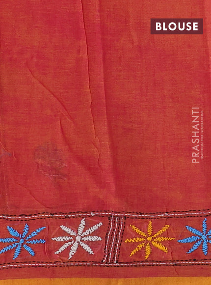 Cotton saree dual shade of pinkish yellow with kantha stitch work and kantha stitch work pallu