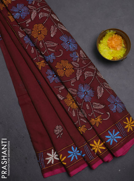 Cotton saree dual shade of maroon with kantha stitch work and kantha stitch work pallu