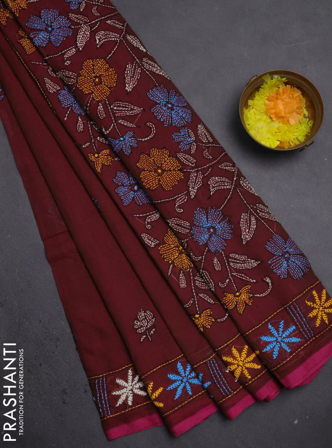 Cotton saree dual shade of maroon with kantha stitch work and kantha stitch work pallu