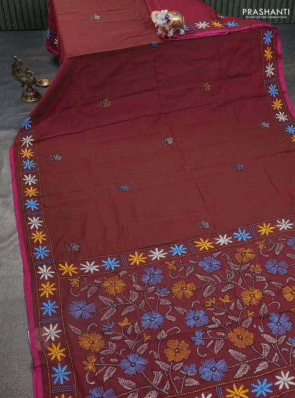Cotton saree dual shade of maroon with kantha stitch work and kantha stitch work pallu