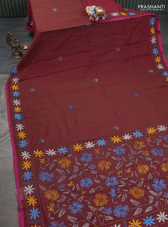 Cotton saree dual shade of maroon with kantha stitch work and kantha stitch work pallu