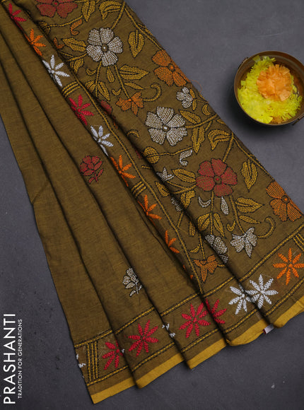 Cotton saree mehendi green with kantha stitch work and kantha stitch work pallu