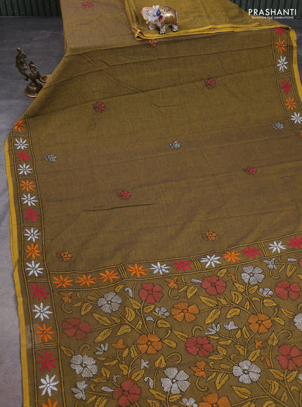 Cotton saree mehendi green with kantha stitch work and kantha stitch work pallu