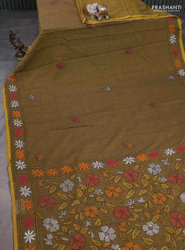 Cotton saree mehendi green with kantha stitch work and kantha stitch work pallu