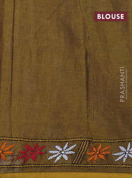 Cotton saree mehendi green with kantha stitch work and kantha stitch work pallu