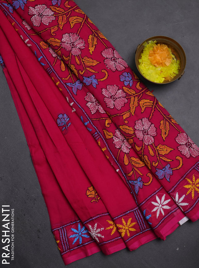 Cotton saree pink with kantha stitch work and kantha stitch work pallu